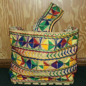 Vtg 70s Rainbow Embroidered Yarn Burlap Handbag Tote Bag Boho Hippie Wood Bottom